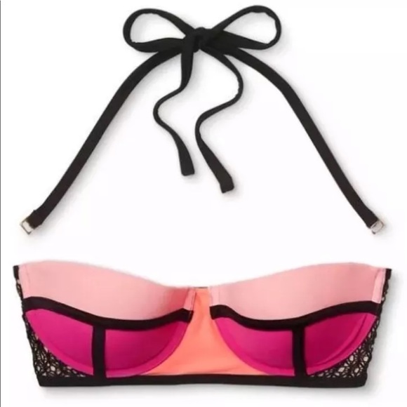 🆕XHILARATION CROCHET HIGH WAIST M STRAPLESS MESH BANDEAU XL NEON BIKINI SET - Picture 2 of 5